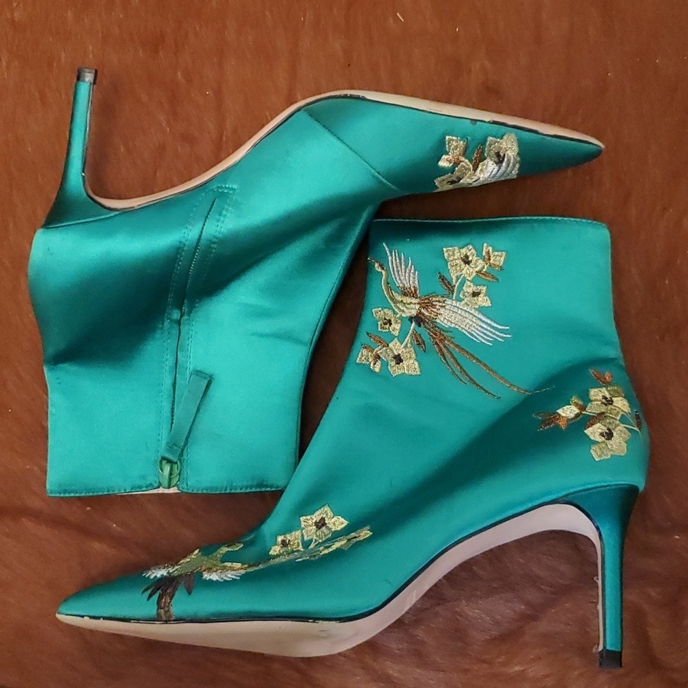 Zara Satin Green Floral Bird Embroidered Heel Pointed Toe Boots